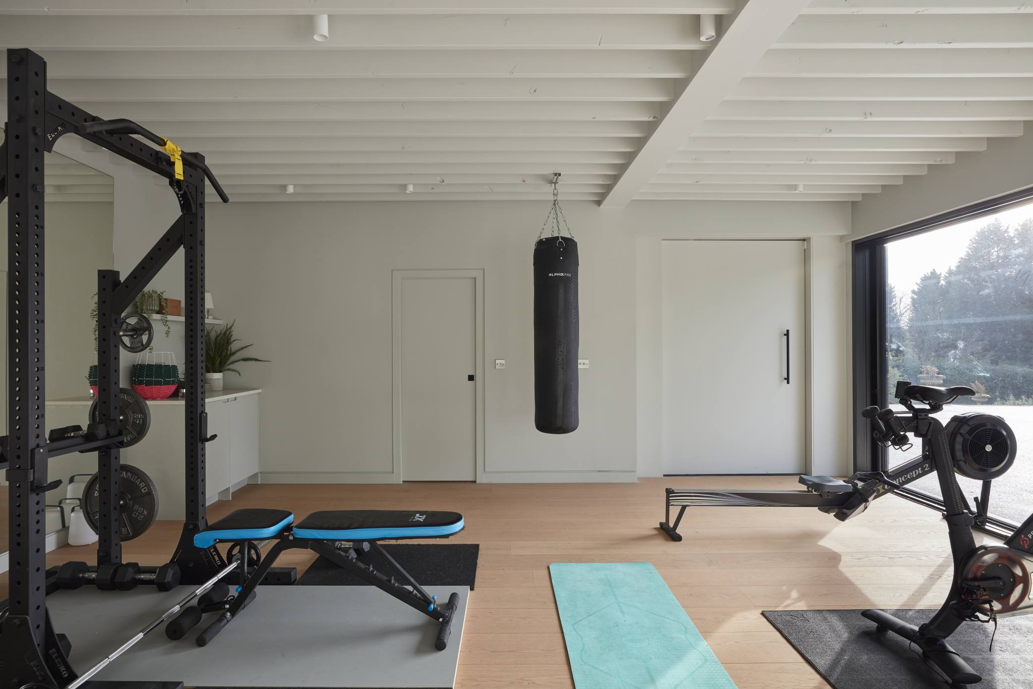 Modern home gym with high-tech fitness equipment and natural light.